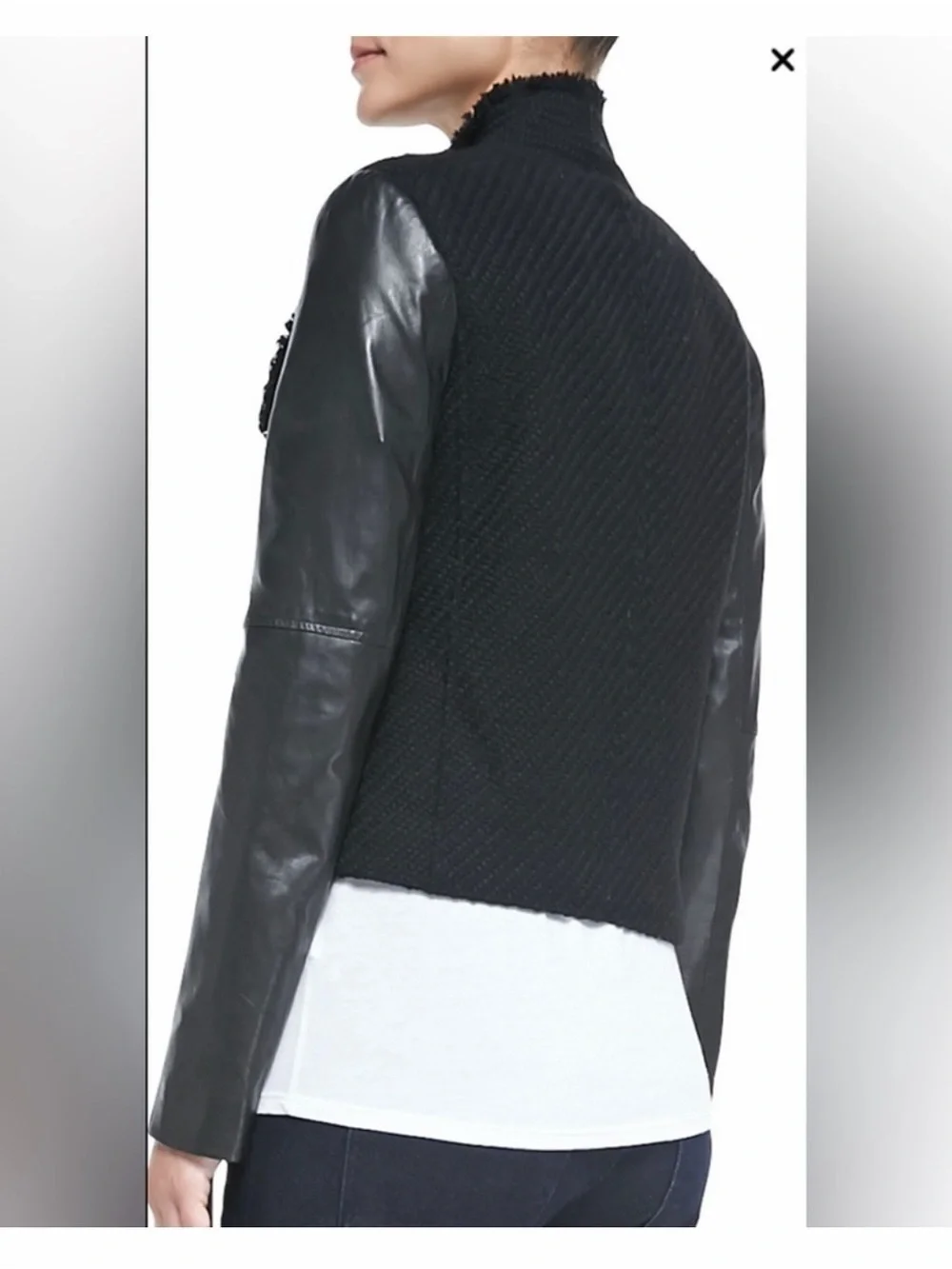 VINCE Black Lamb Leather Wool Boucle Tweed Cropped Moto Jacket. Size XS.
